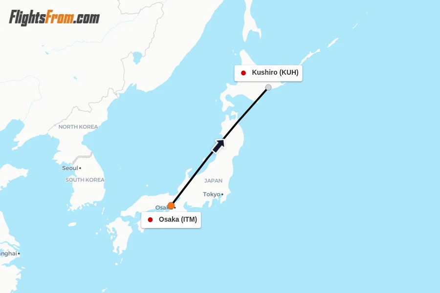 Flights from Osaka to Kushiro route map