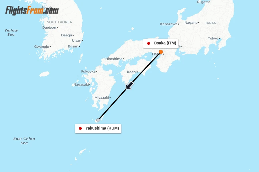 Flights from Osaka to Yakushima route map