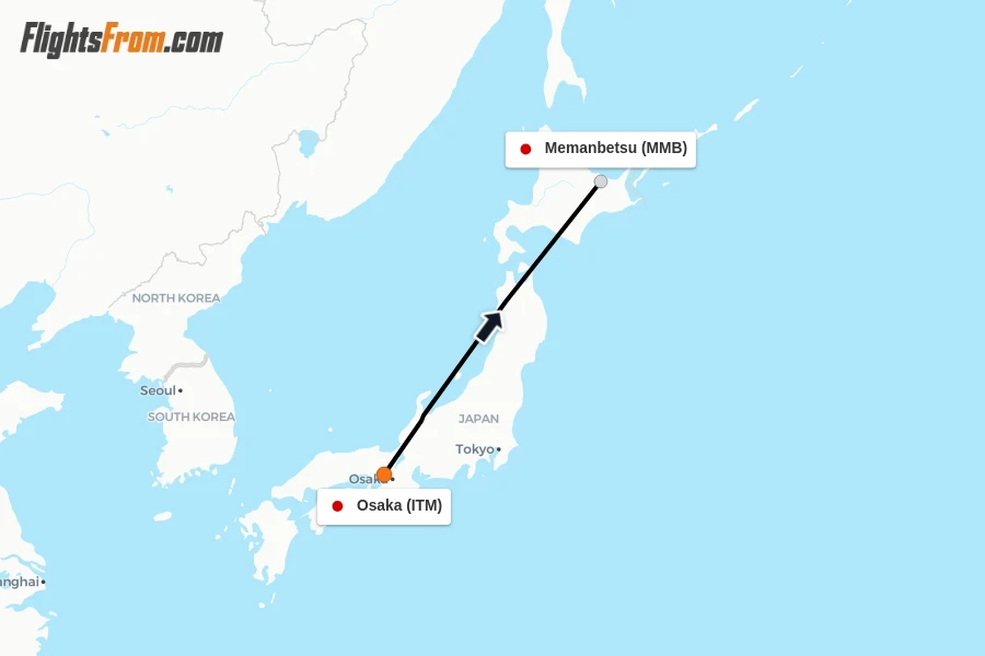 Flights from Osaka to Memanbetsu route map