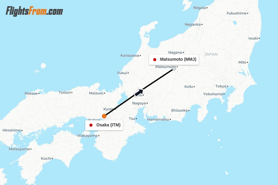 Flights from Osaka to Matsumoto route map