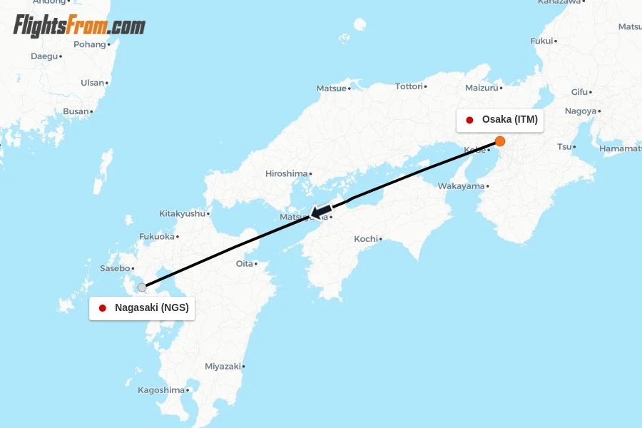 Flights from Osaka to Nagasaki route map