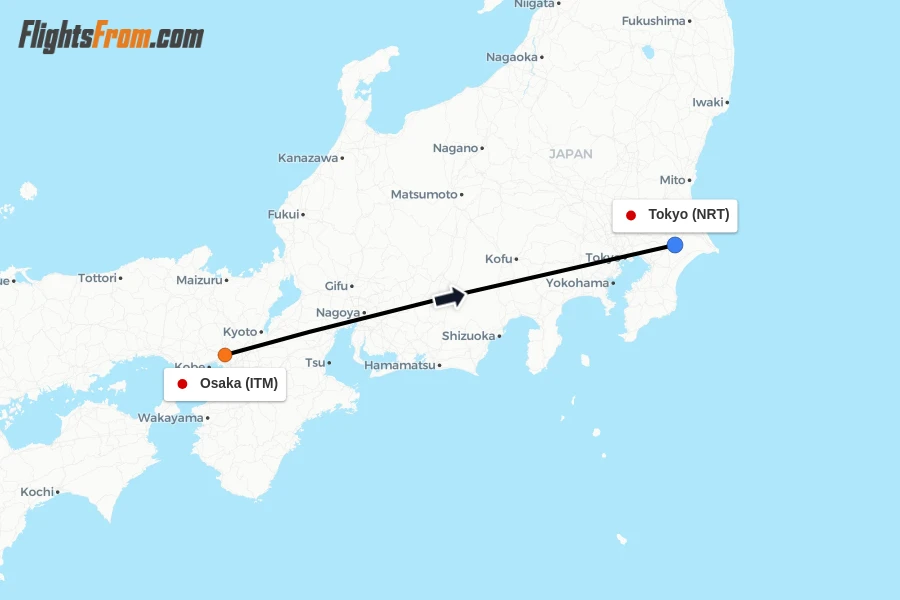 Flights from Osaka to Tokyo route map