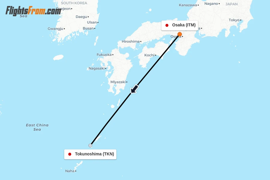 Flights from Osaka to Tokunoshima route map