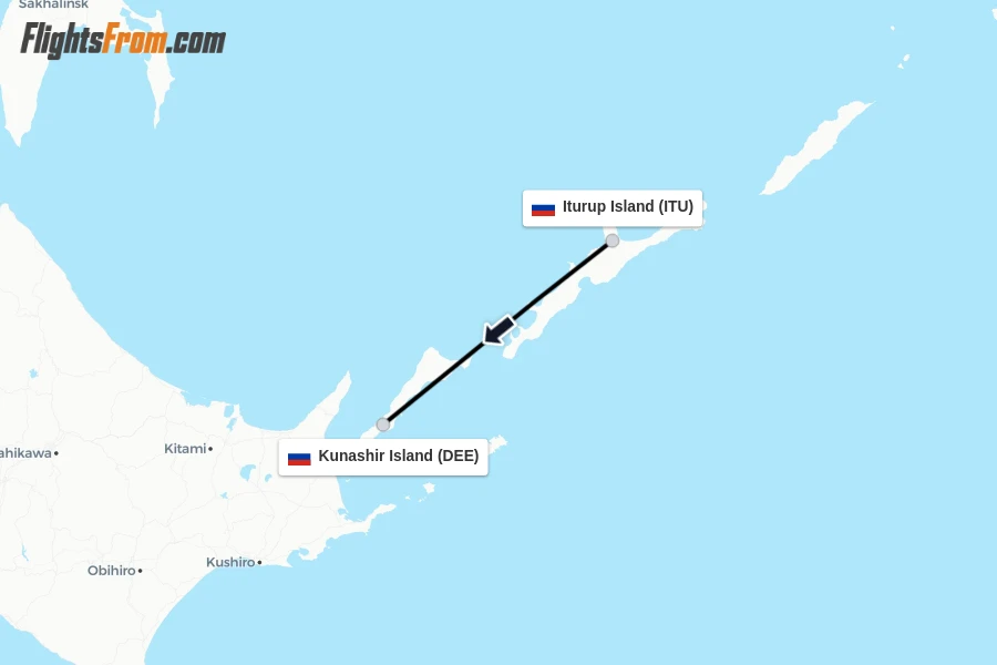 Flights from Iturup Island to Kunashir Island route map