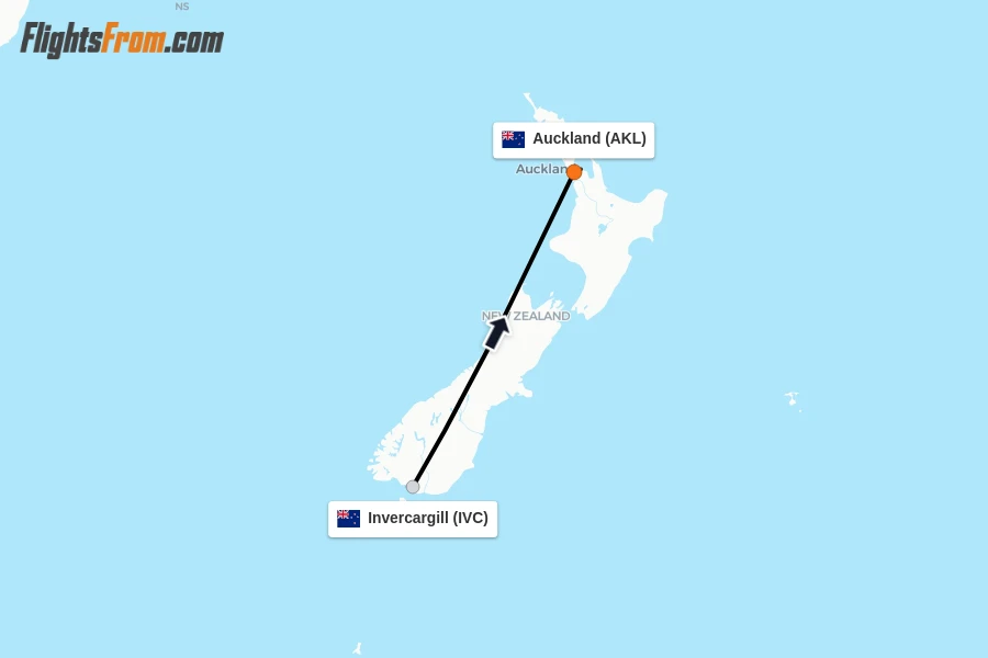 Flights from Invercargill to Auckland route map