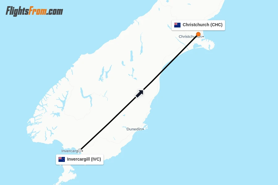 Flights from Invercargill to Christchurch route map