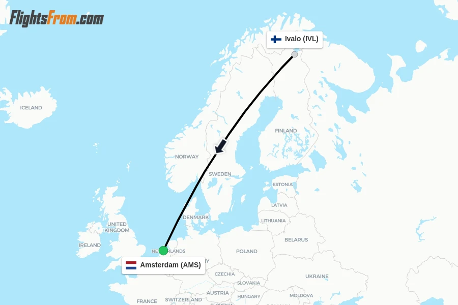 Flights from Ivalo to Amsterdam route map