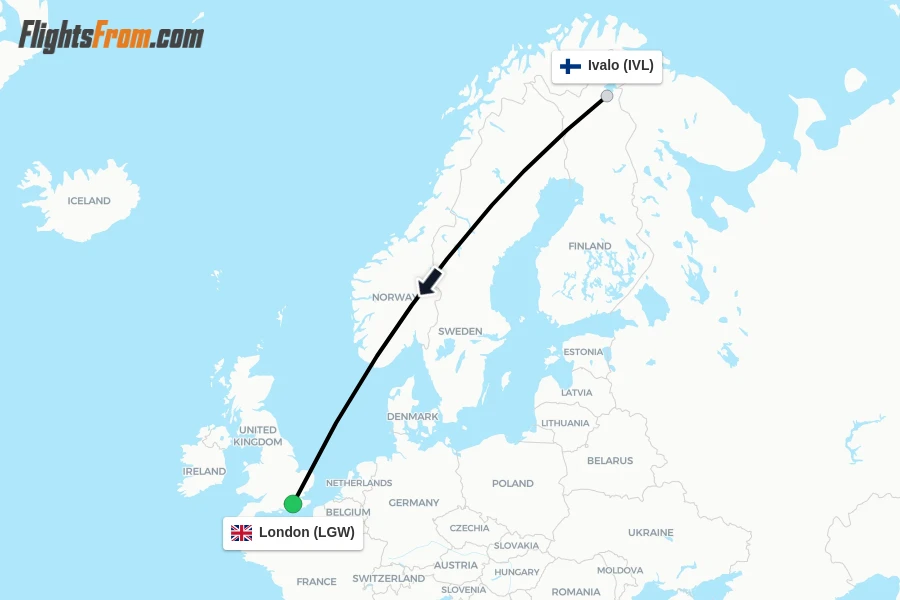 Flights from Ivalo to London route map