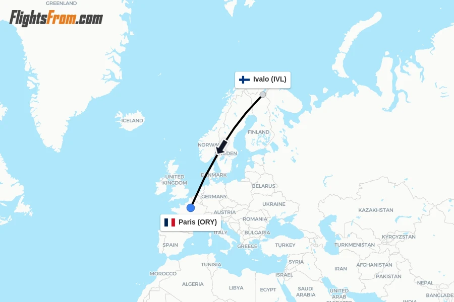 Flights from Ivalo to Paris route map