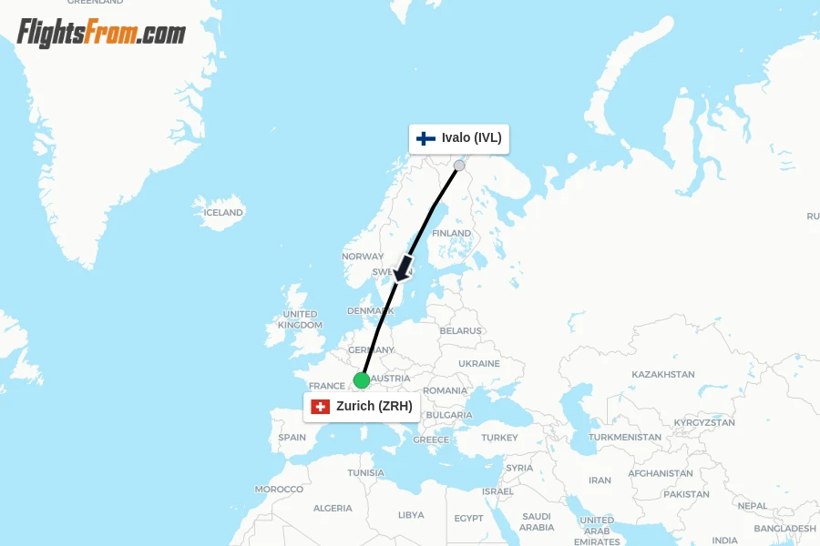 Flights from Ivalo to Zurich route map