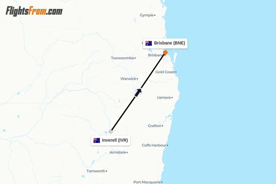 Flights from Inverell to Brisbane route map