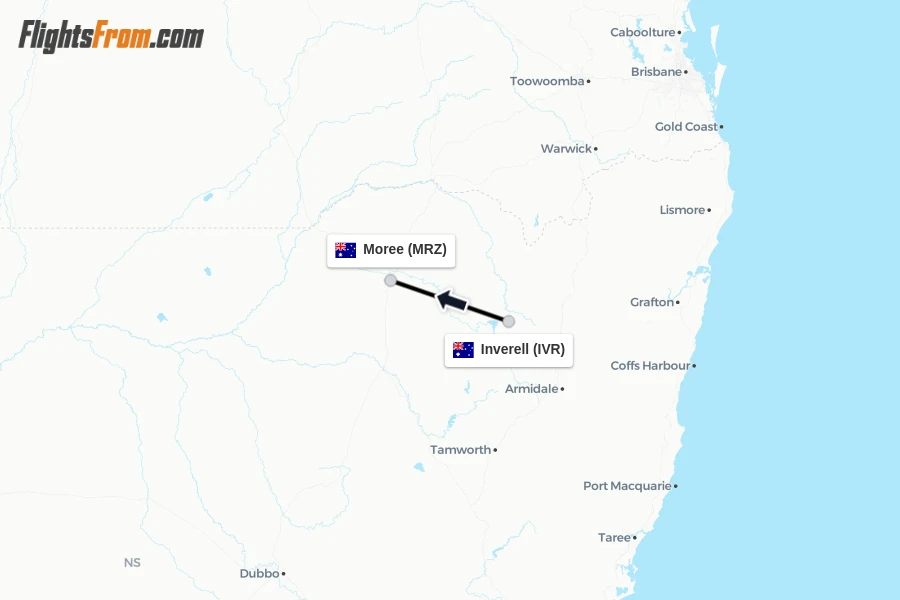 Flights from Inverell to Moree route map