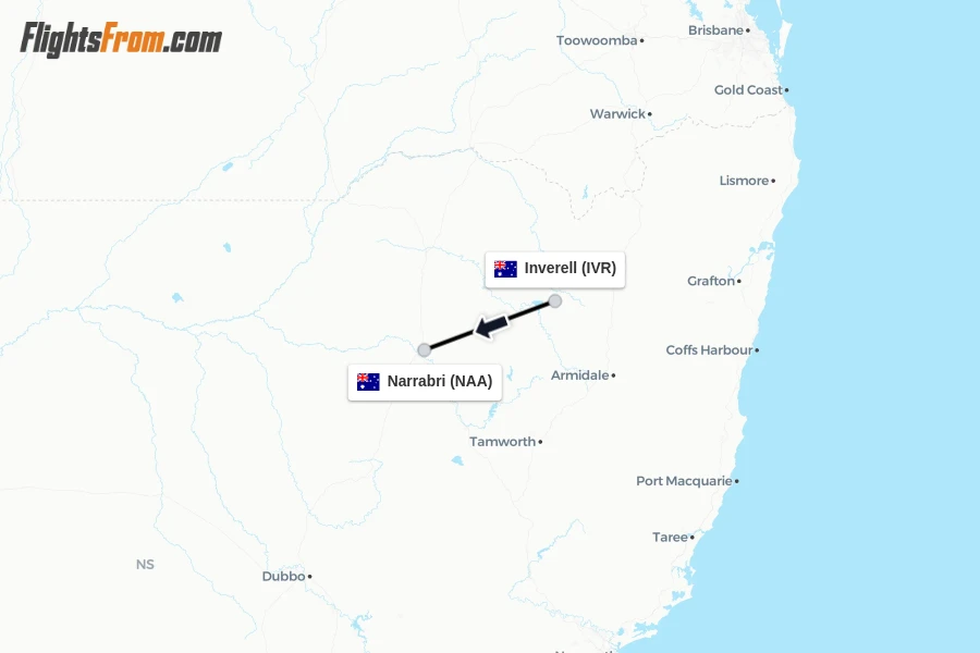 Flights from Inverell to Narrabri route map