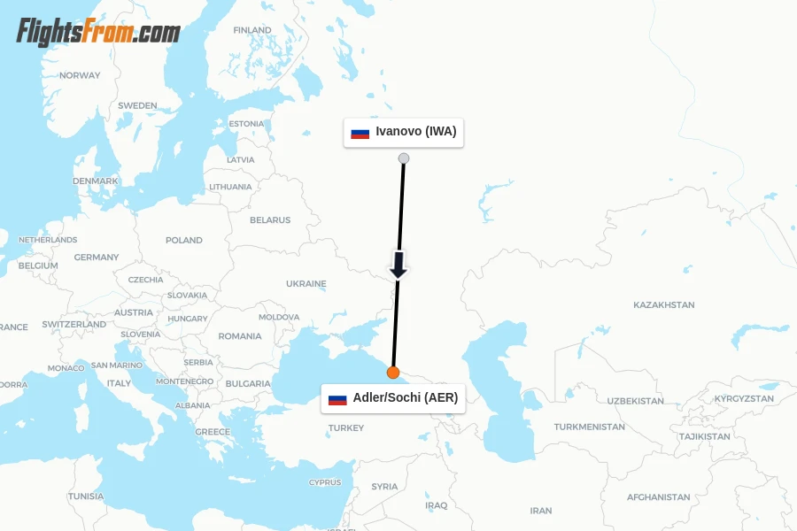Flights from Ivanovo to Adler/Sochi route map
