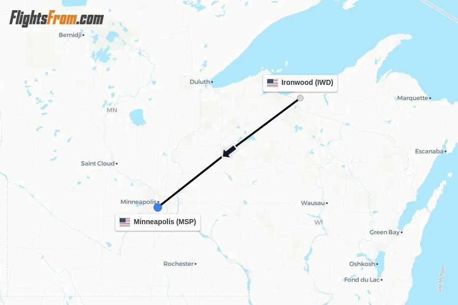 Flights from Ironwood to Minneapolis route map