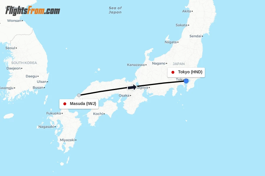Flights from Masuda to Tokyo route map