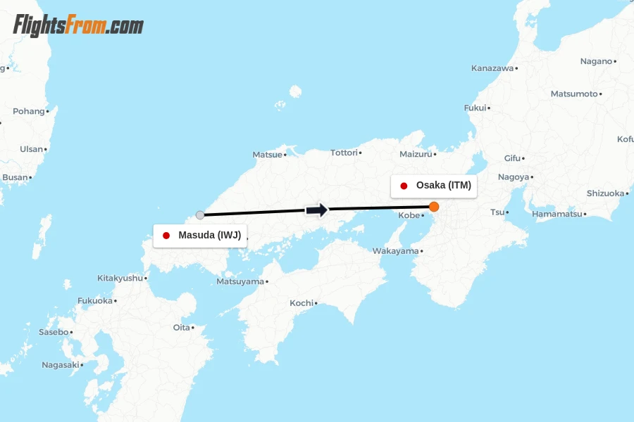 Flights from Masuda to Osaka route map