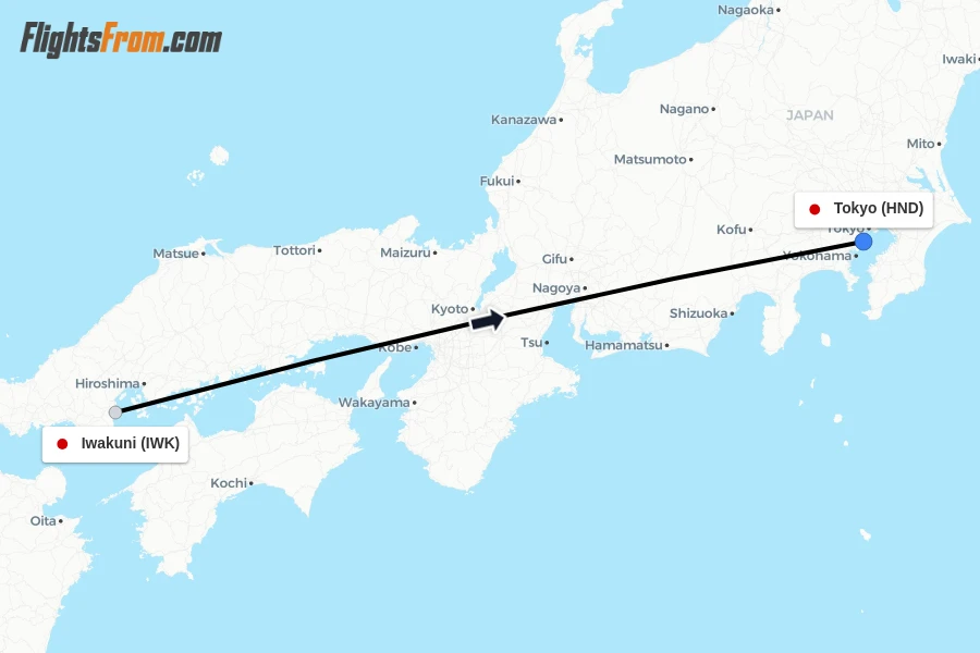 Flights from Iwakuni to Tokyo route map