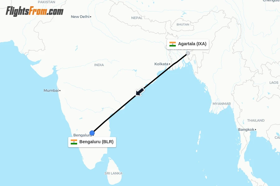 Flights from Agartala to Bengaluru route map