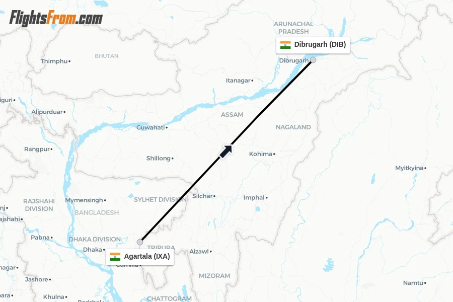 Flights from Agartala to Dibrugarh route map