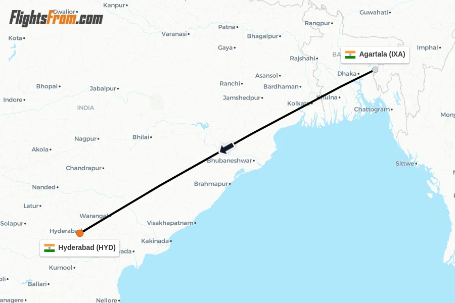Flights from Agartala to Hyderabad route map