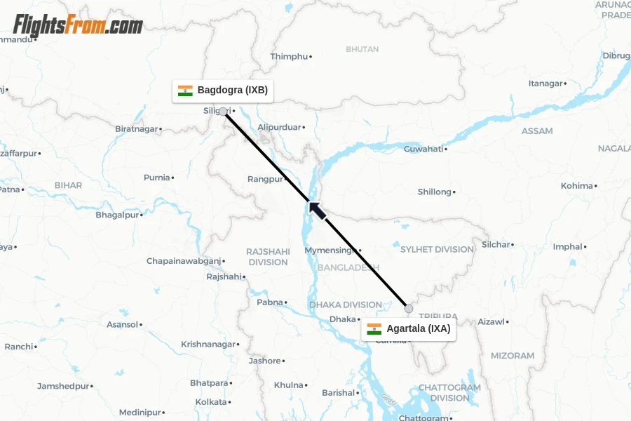 Flights from Agartala to Bagdogra route map