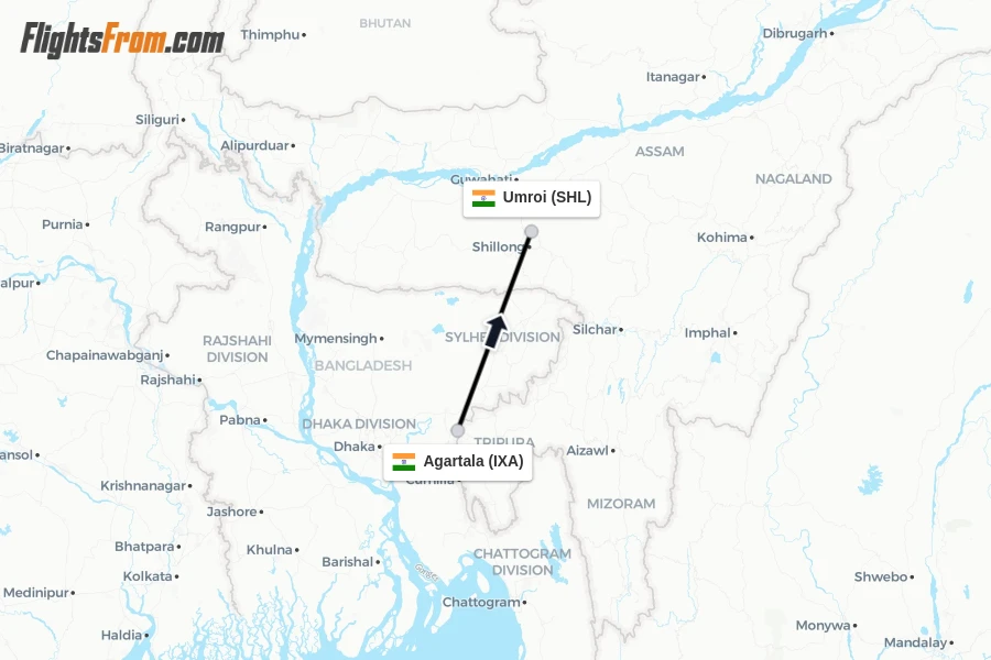 Flights from Agartala to Umroi route map