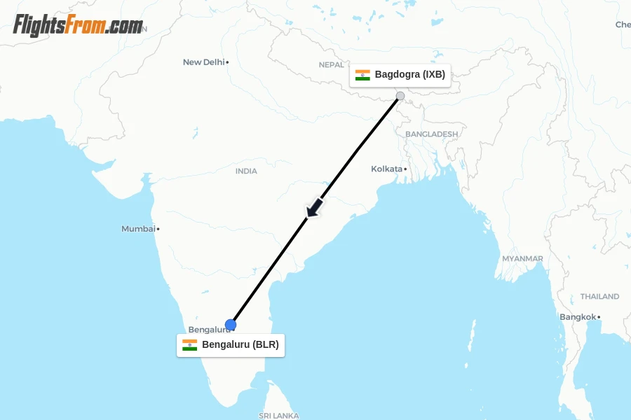 Flights from Bagdogra to Bengaluru route map