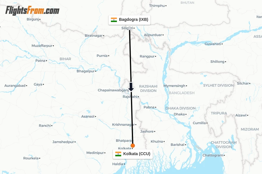 Flights from Bagdogra to Kolkata route map