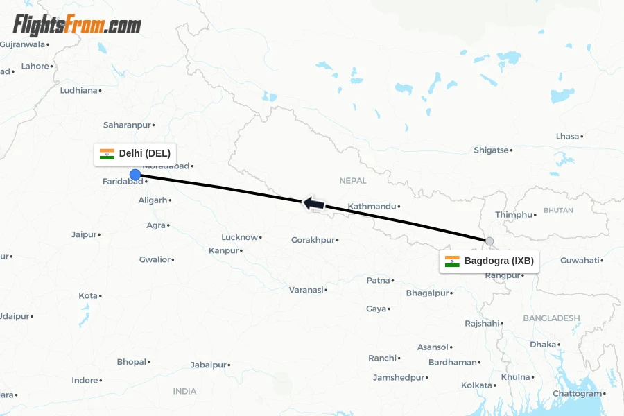 Flights from Bagdogra to Delhi route map