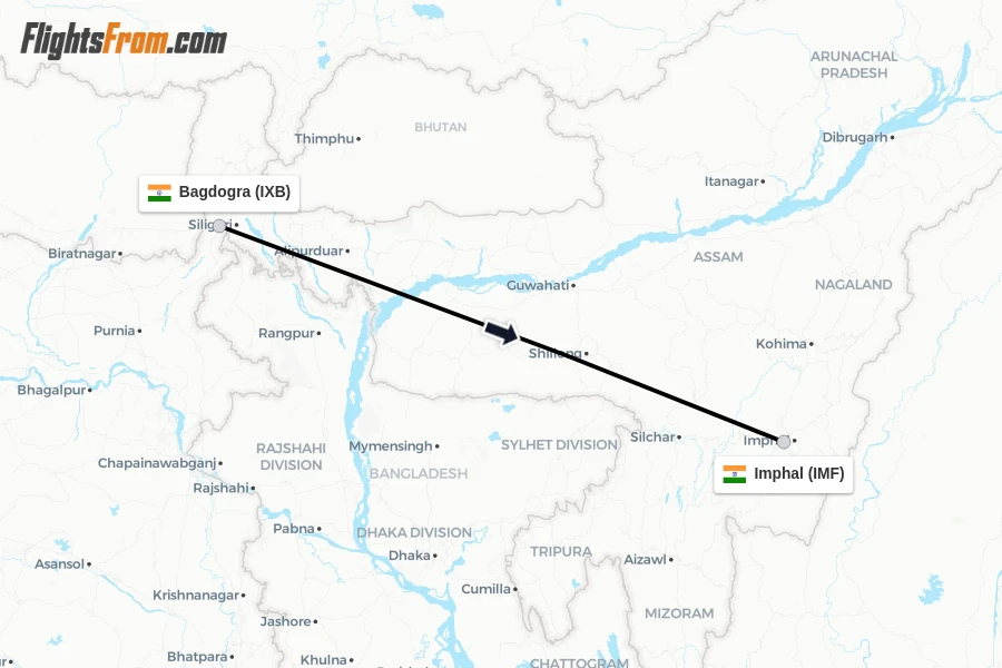 Flights from Bagdogra to Imphal route map