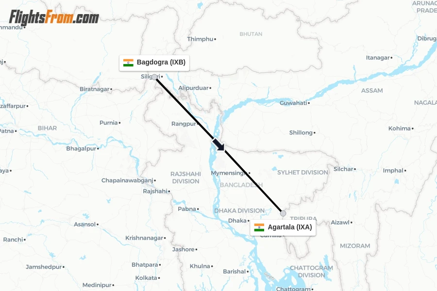Flights from Bagdogra to Agartala route map