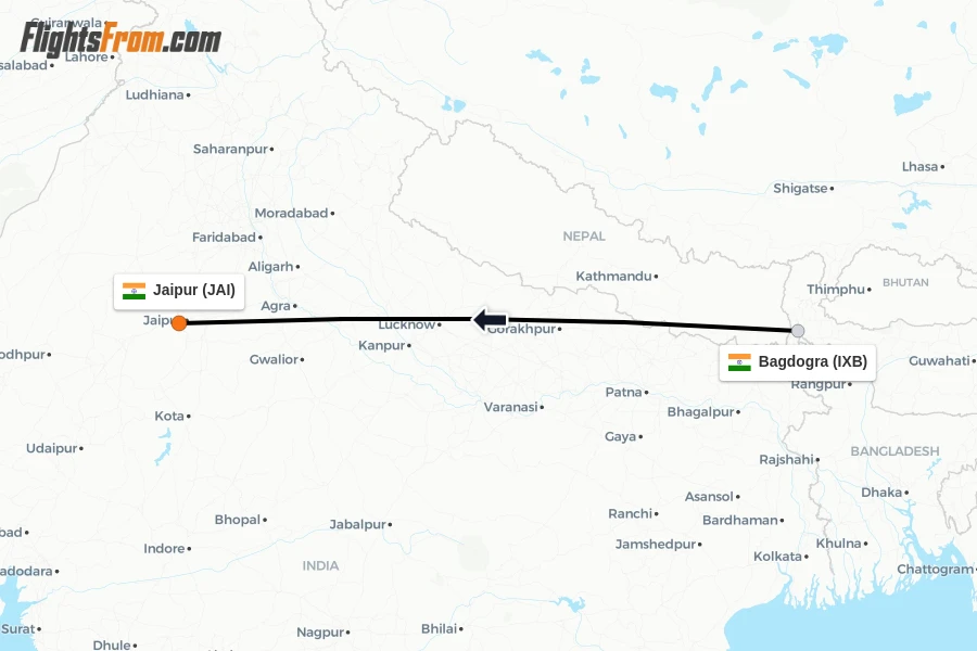 Flights from Bagdogra to Jaipur route map