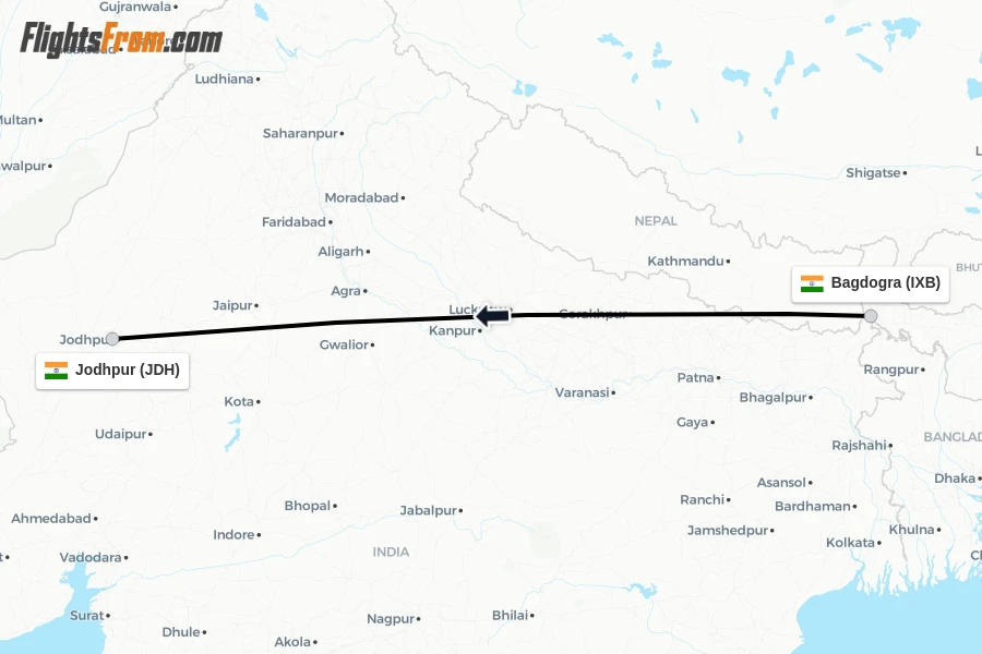Flights from Bagdogra to Jodhpur route map