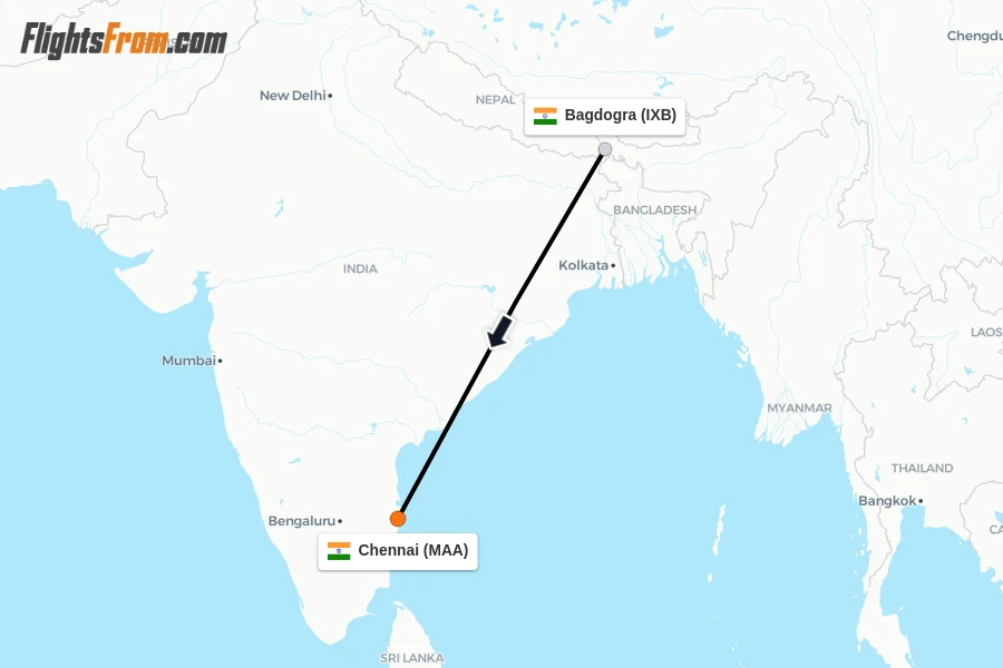 Flights from Bagdogra to Chennai route map