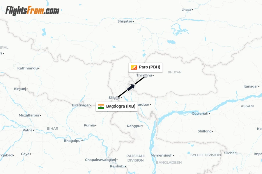 Flights from Bagdogra to Paro route map
