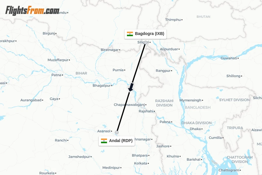 Flights from Bagdogra to Andal route map