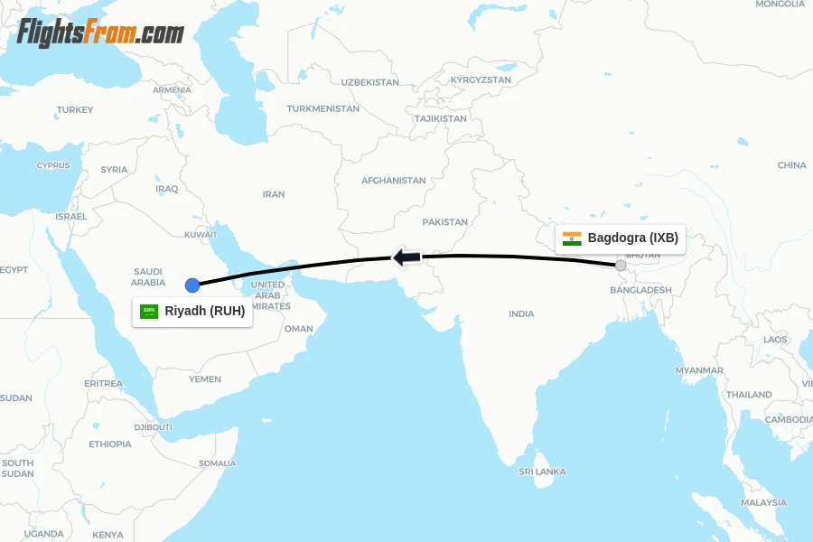 Flights from Bagdogra to Riyadh route map