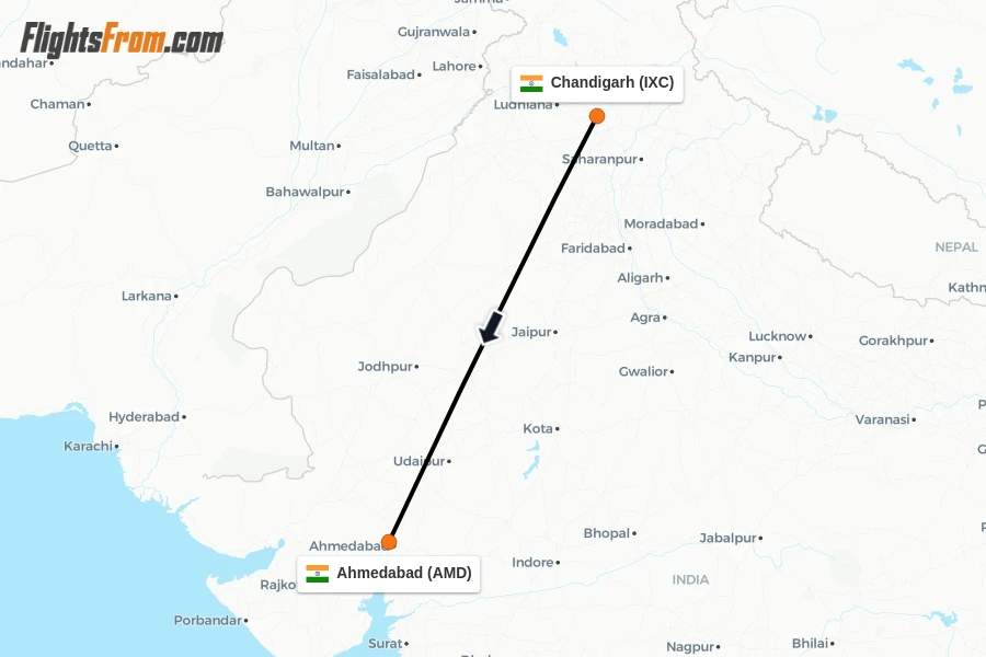Flights from Chandigarh to Ahmedabad route map