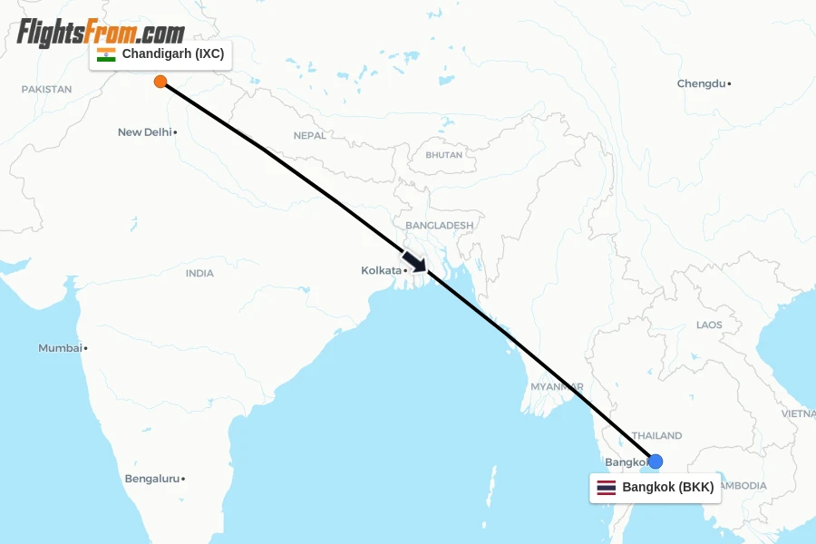 Flights from Chandigarh to Bangkok route map