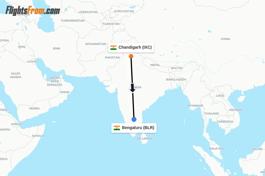 Flights from Chandigarh to Bengaluru route map