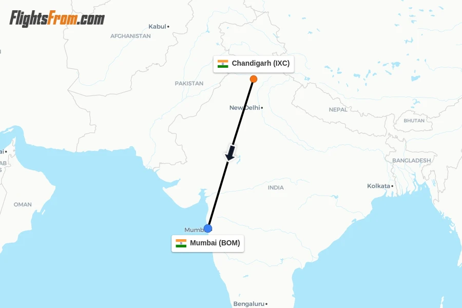 Flights from Chandigarh to Mumbai route map