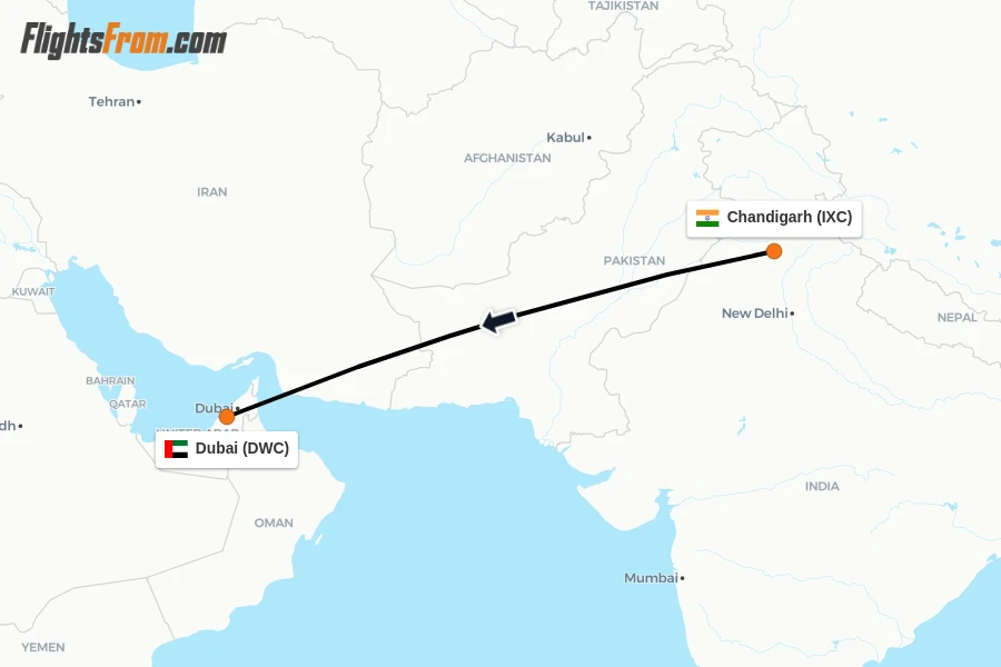 Flights from Chandigarh to Dubai route map