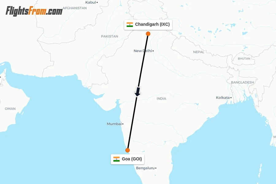 Flights from Chandigarh to Goa route map