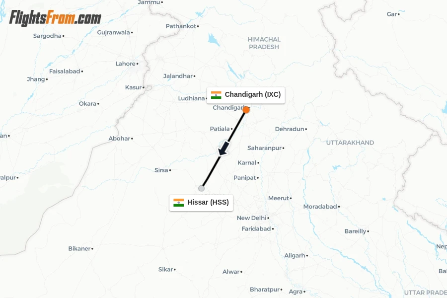 Flights from Chandigarh to Hissar route map