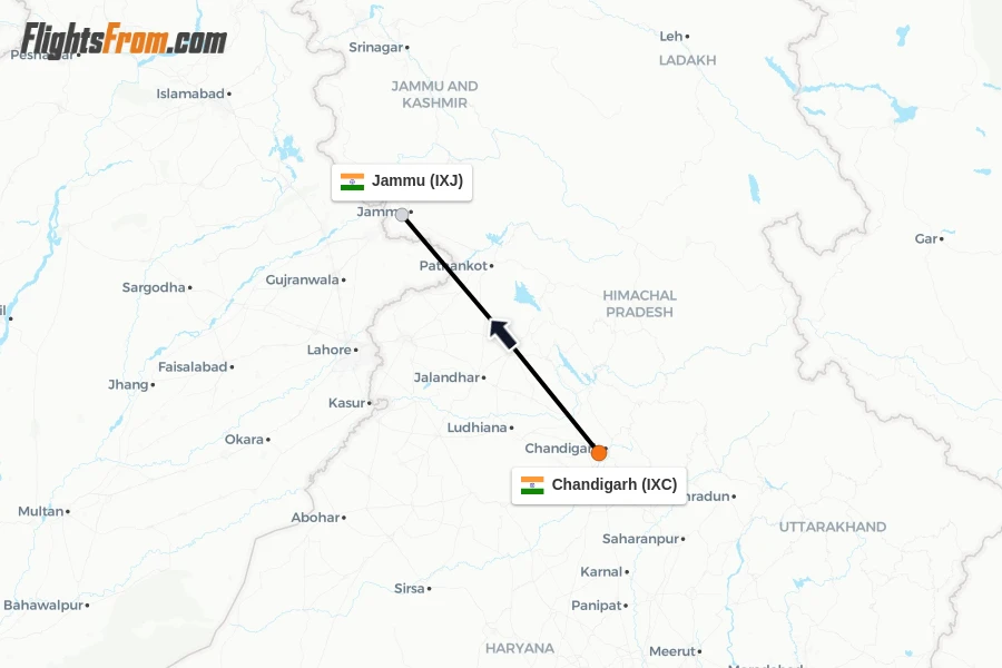 Flights from Chandigarh to Jammu route map