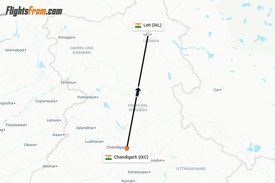 Flights from Chandigarh to Leh route map