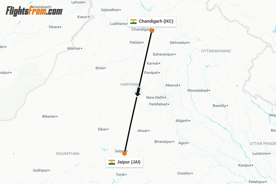 Flights from Chandigarh to Jaipur route map