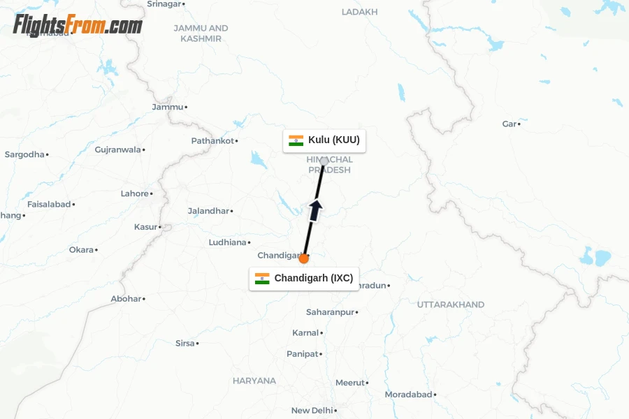 Flights from Chandigarh to Kulu route map