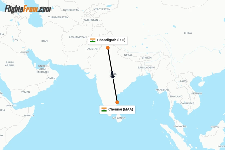 Flights from Chandigarh to Chennai route map